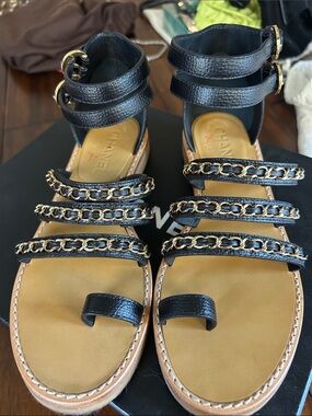 CHANEL Black Leather Chain-Strap Multi-Band Sandals